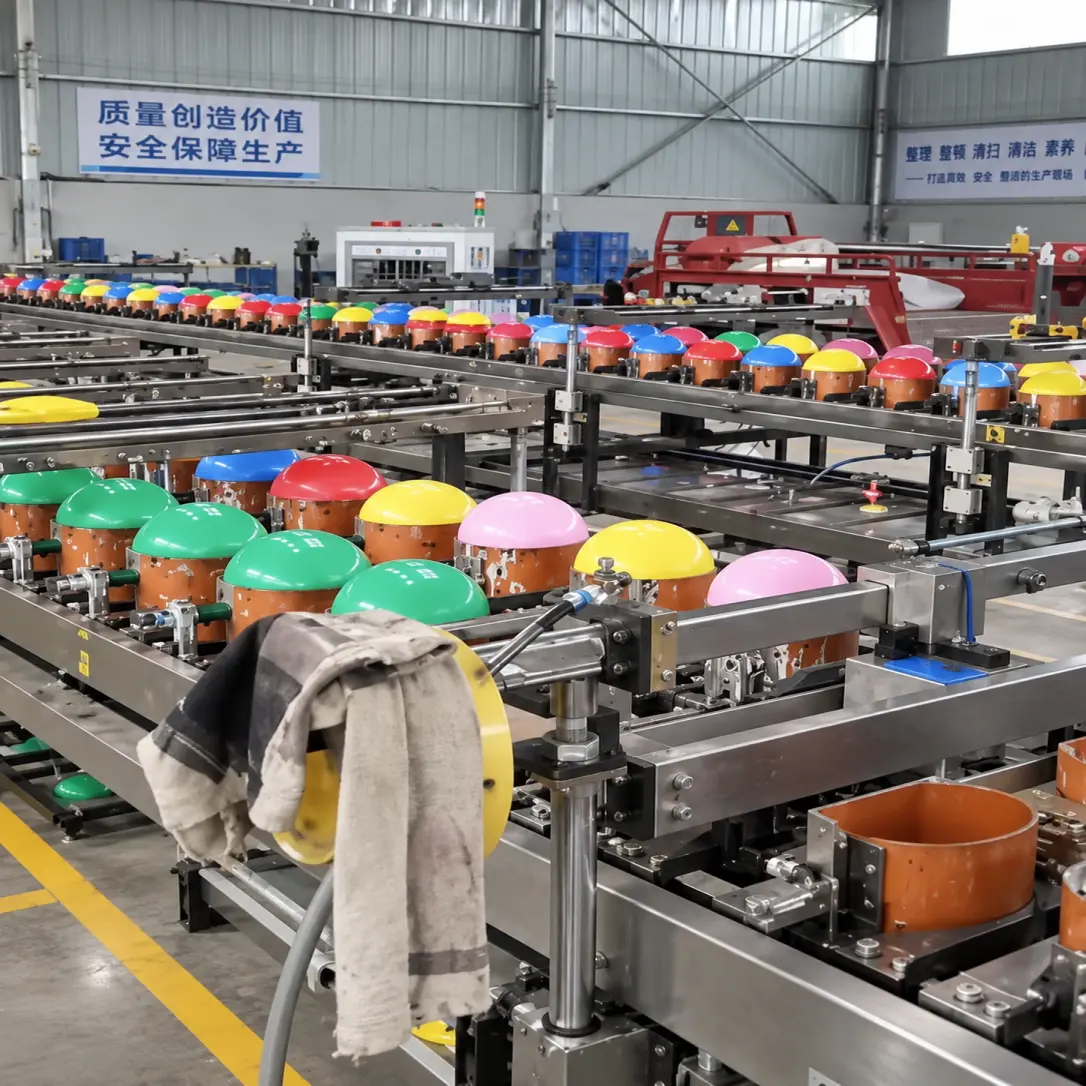 Borun Balloon Factory latex balloon forming production equipment with rows of colored balloon molds inside the Xiongxian manufacturing workshop