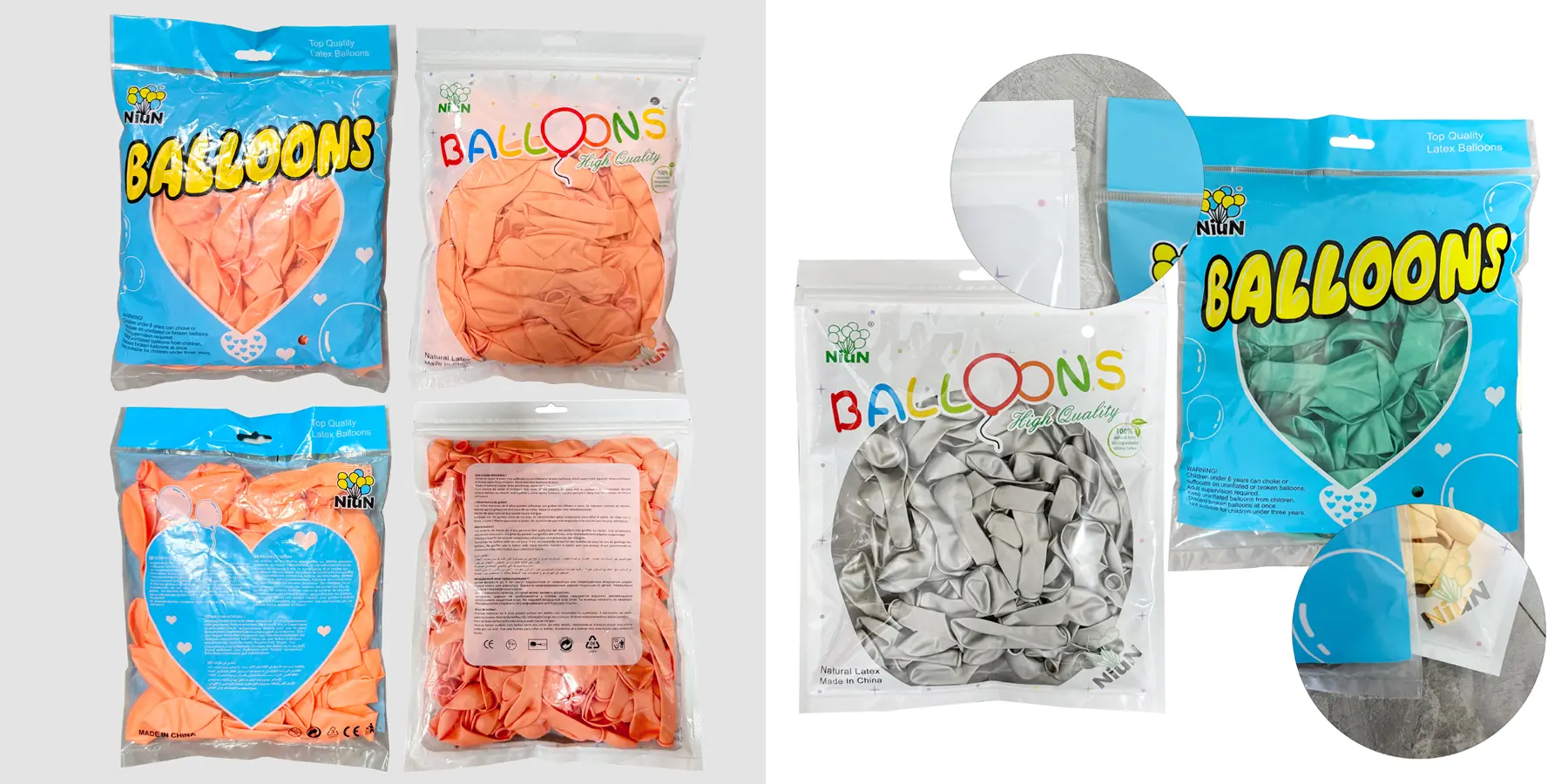 NiuN branded latex balloon packaging examples from Borun Balloon Factory with balloons packed in retail bags
