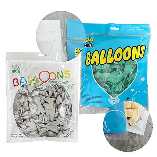 NiuN branded latex balloon retail packaging examples published by Borun Balloon Factory, showing packaged uninflated latex balloons