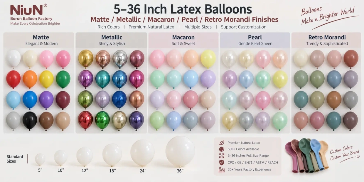 Borun Balloon Factory latex balloon catalogue displaying labeled 10-inch and 12-inch latex balloon size references among other sizes and surface finishes