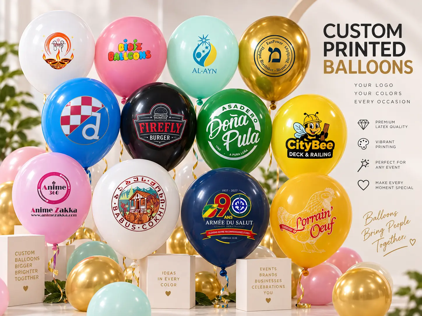 Borun custom printed latex balloons in different colors with example logo designs for branded wholesale and retail assortments