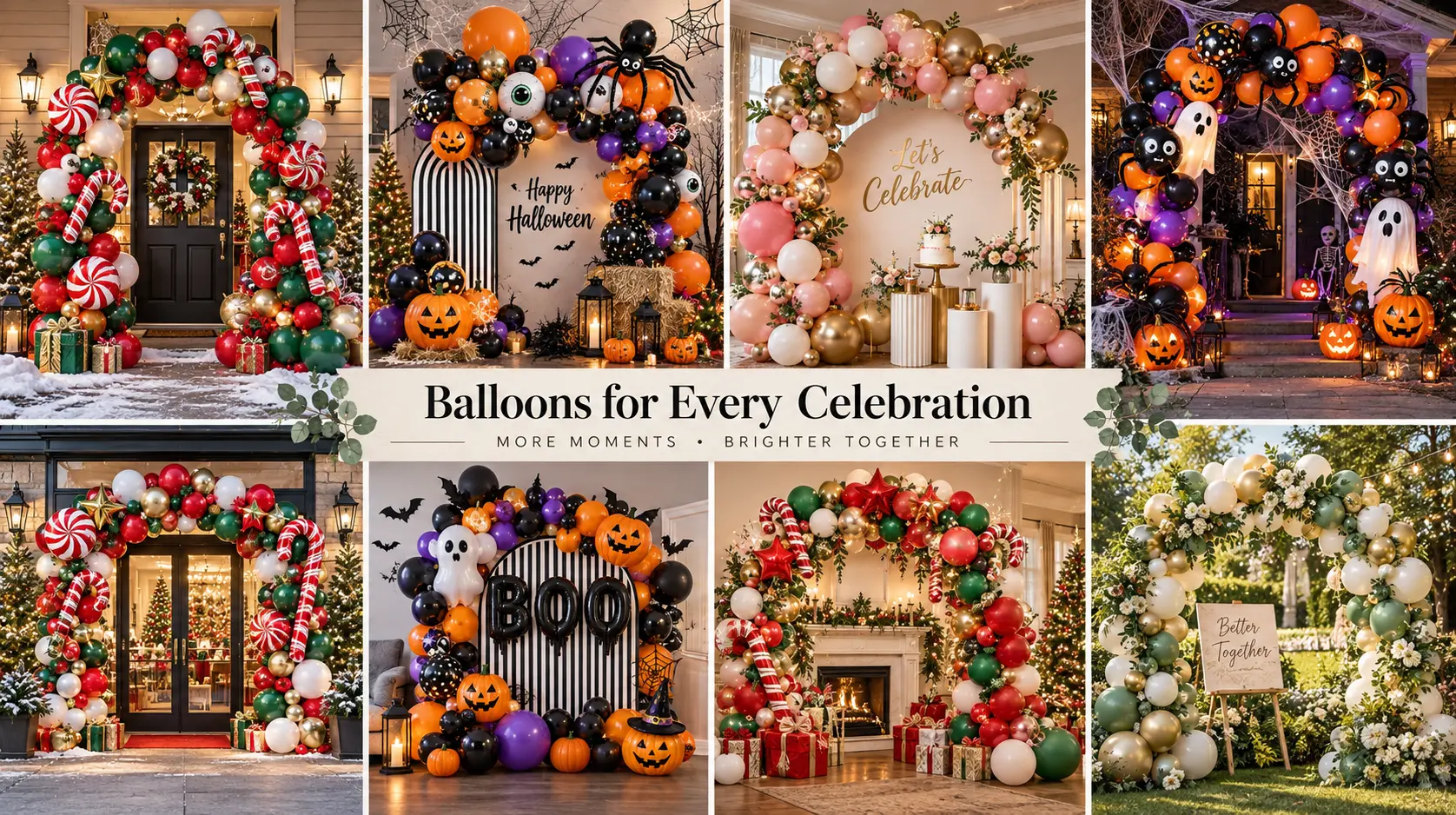 Borun Balloon Factory holiday balloon arch garland kit design display with Christmas red green gold and Halloween orange purple black balloon arrangements