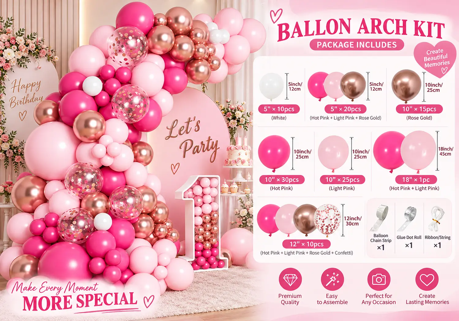 Wedding Balloon Arch Kit palette finish accessories and packaging sample from Borun Balloon Factory