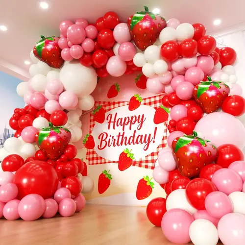 Strawberry themed balloon garland