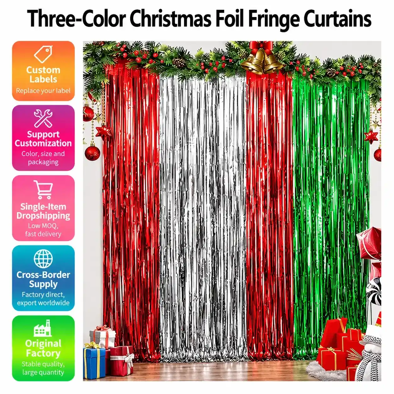 Three-Color Christmas Foil Fringe Curtains